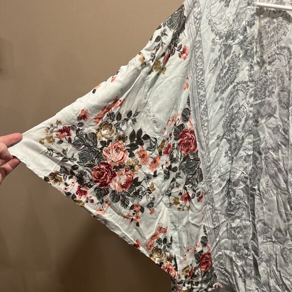 Angie Women's White Pink Floral Kimono Open Cardigan S Flowy Boho Cottage Blooms - Picture 2 of 10